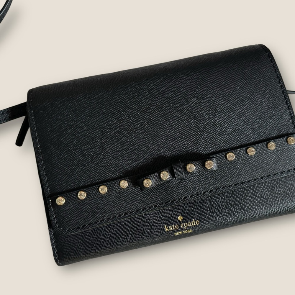 Kate Spade ♠️ Laurel Way Jeweled Black and Gold Studded Crossbody Clutch